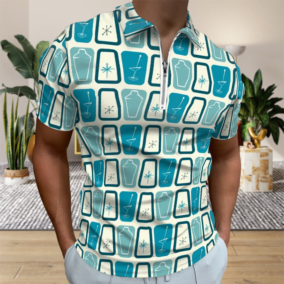 MCM Retro Polo Shirt- Atomic Martini Cocktail Design Slim Fit Zipper Polo for men