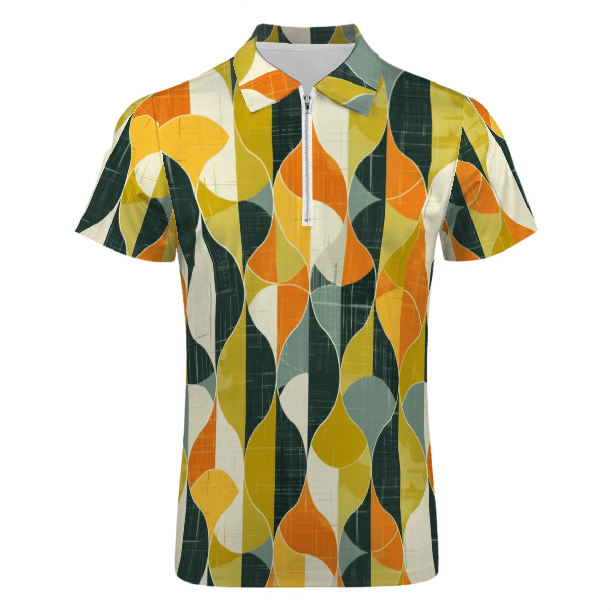 MCM Retro Polo Shirt- Mid Century Geo Design Slim Fit Zipper Polo for men