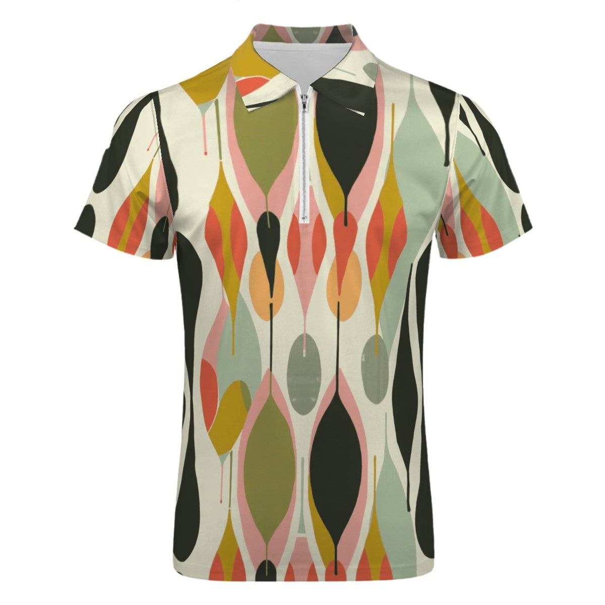 MCM Retro Polo Shirt- Mid Century Geo Design Slim Fit Zipper Polo for men