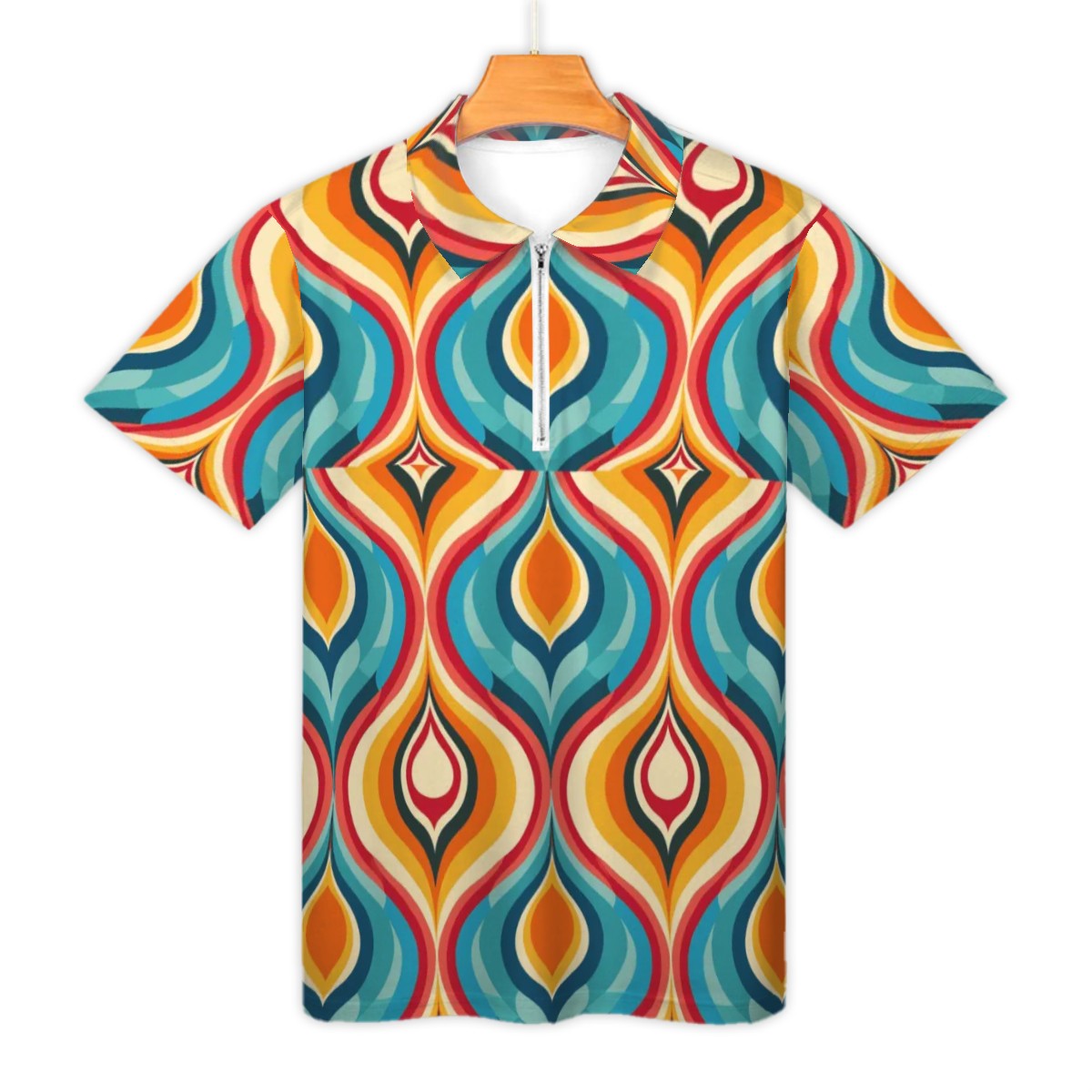 MCM Retro Polo Shirt- Mid Century Geo Design Slim Fit Zipper Polo for men