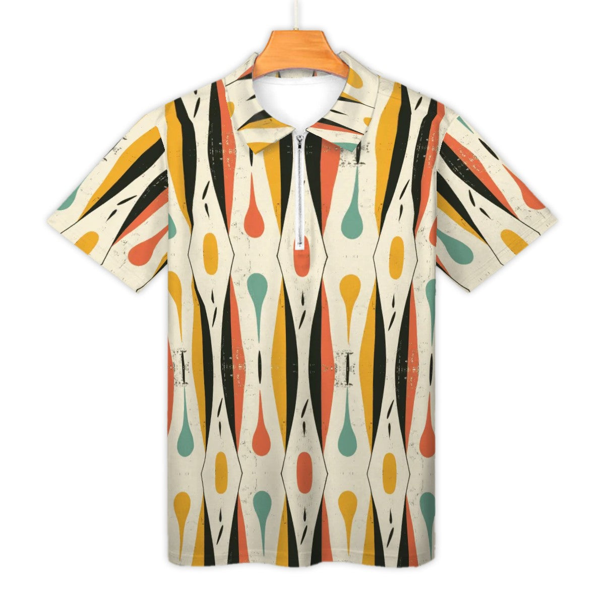 MCM Retro Polo Shirt- Mid Century Geo Design Slim Fit Zipper Polo for men