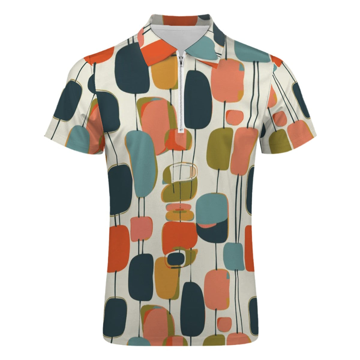 MCM Retro Polo Shirt- Mid Century Geo Design, Slim Fit Zipper Polo for men