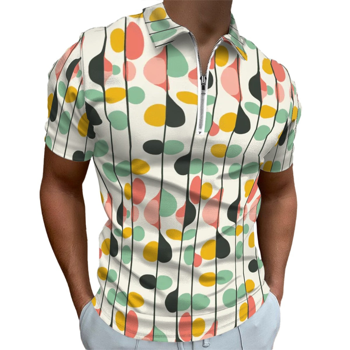 MCM Retro Polo Shirt- Mid Century Geo Design Slim Fit Zipper Polo for men