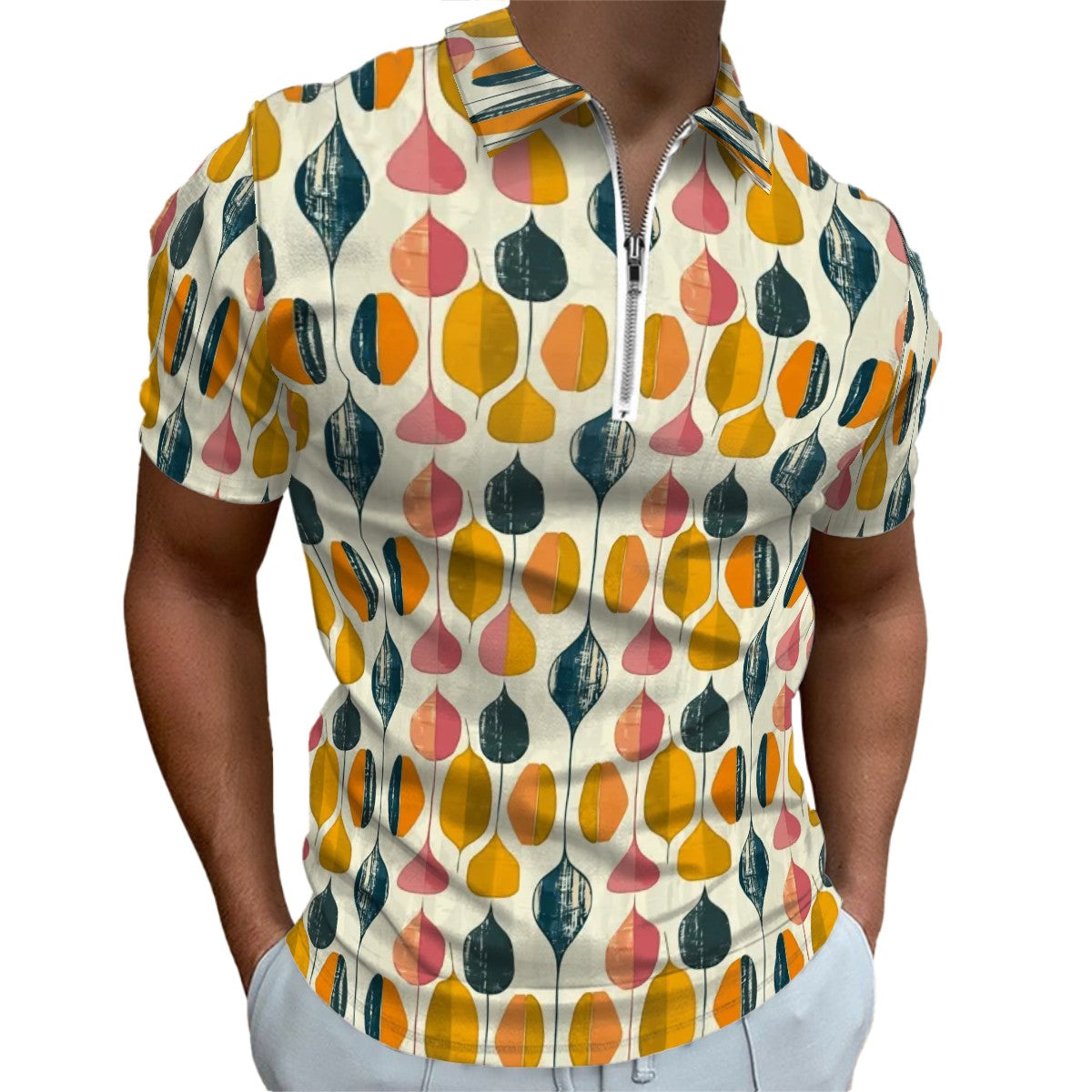 MCM Retro Polo Shirt- Mid Century Geo Design Slim Fit Zipper Polo for men
