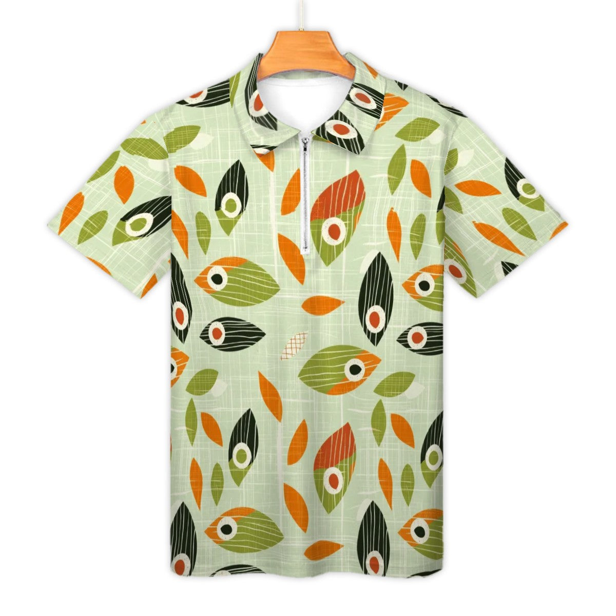 MCM Retro Polo Shirt- Mid Century Geo Design Slim Fit Zipper Polo for men