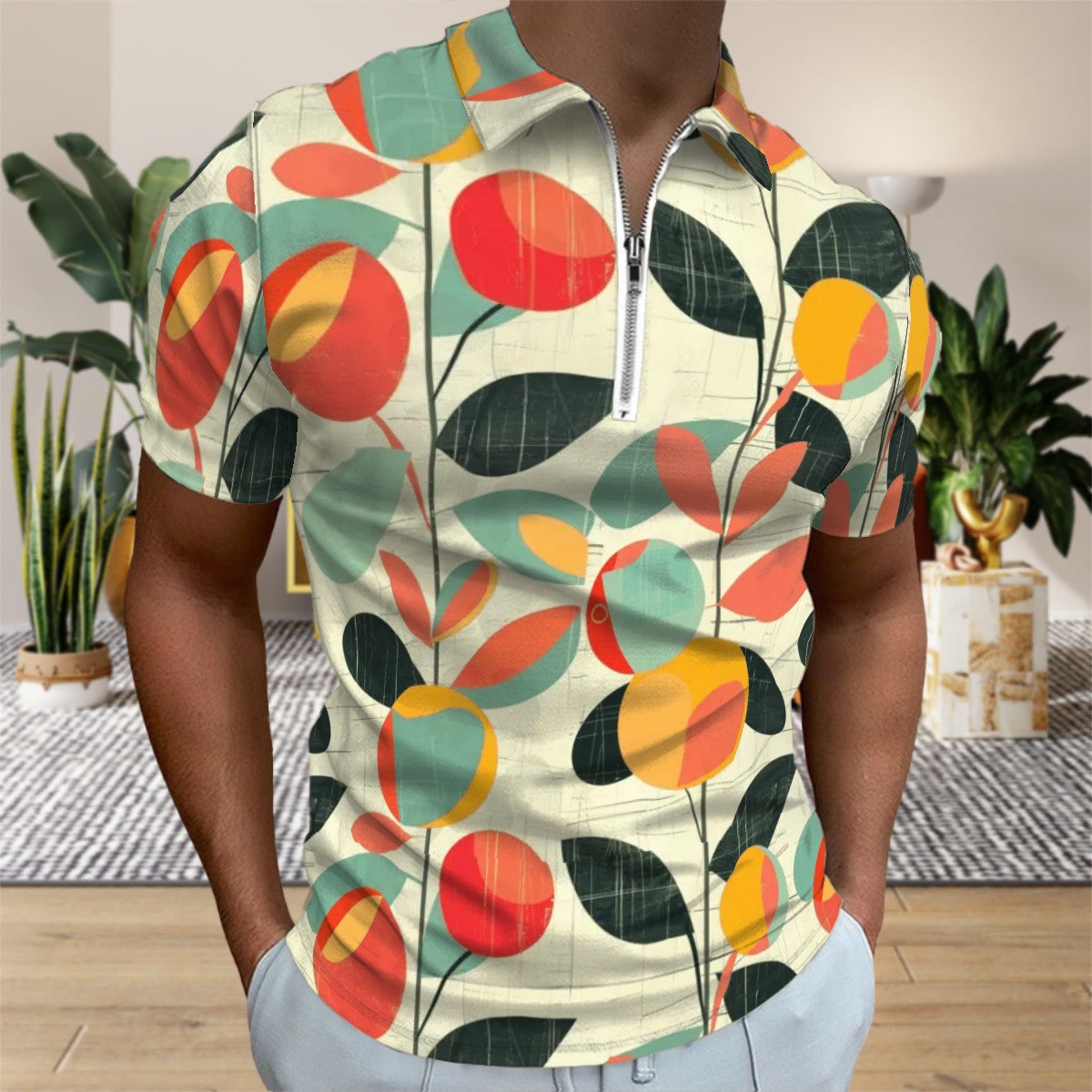 MCM Retro Polo Shirt- Mid Century Geo Design Slim Fit Zipper Polo for men