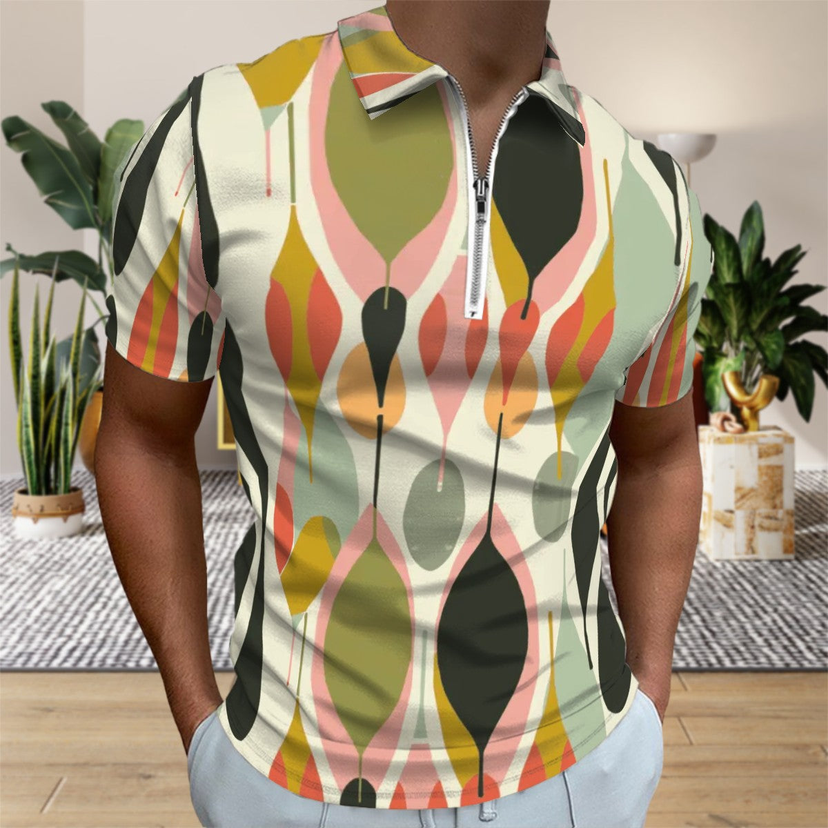 MCM Retro Polo Shirt- Mid Century Geo Design Slim Fit Zipper Polo for men