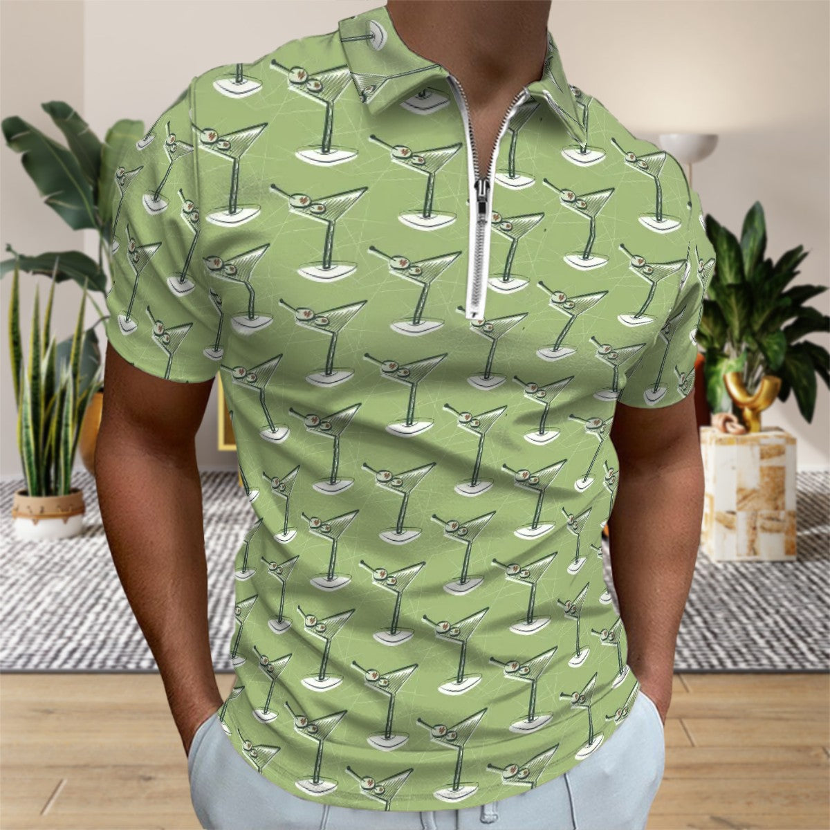 MCM Retro Polo Shirt- Atomic Martini Cocktail Design Slim Fit Zipper Polo for men