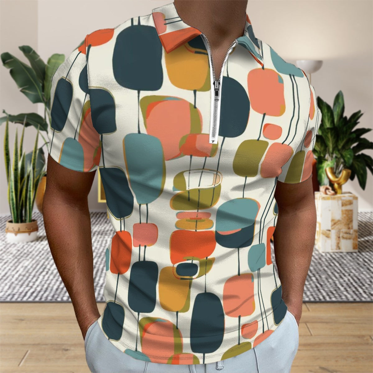 MCM Retro Polo Shirt- Mid Century Geo Design, Slim Fit Zipper Polo for men