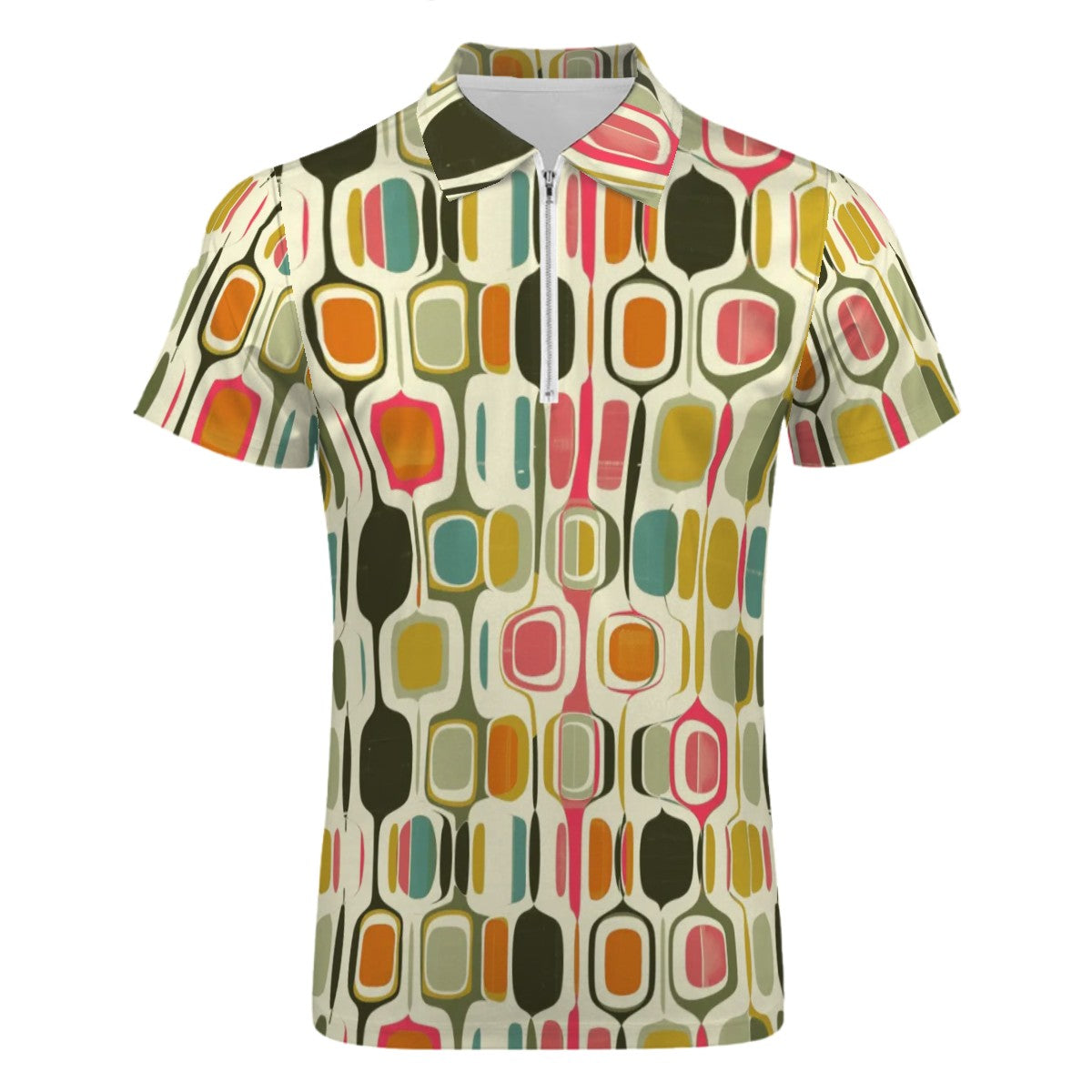MCM Retro Polo Shirt- Mid Century Geo Design Slim Fit Zipper Polo for men