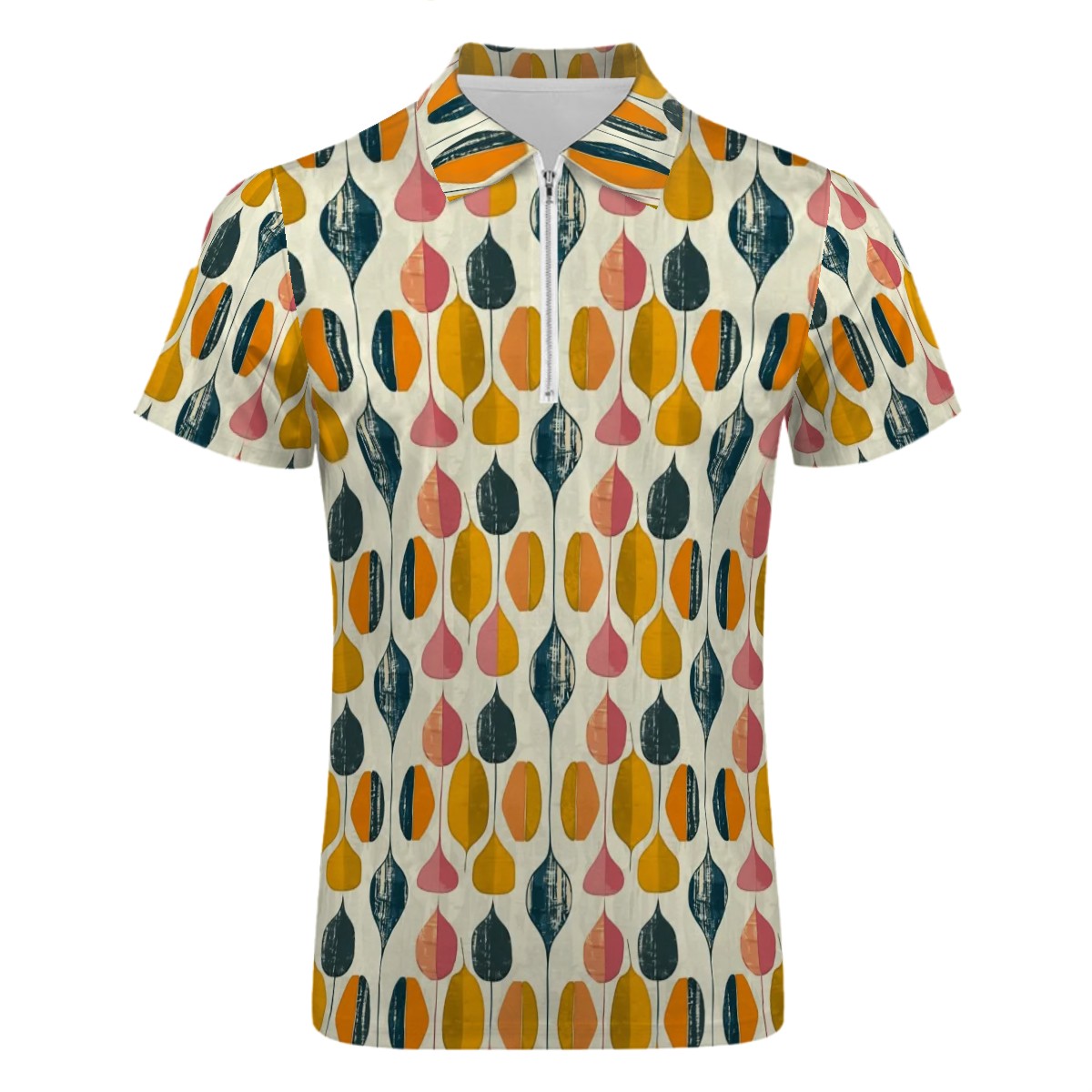 MCM Retro Polo Shirt- Mid Century Geo Design Slim Fit Zipper Polo for men
