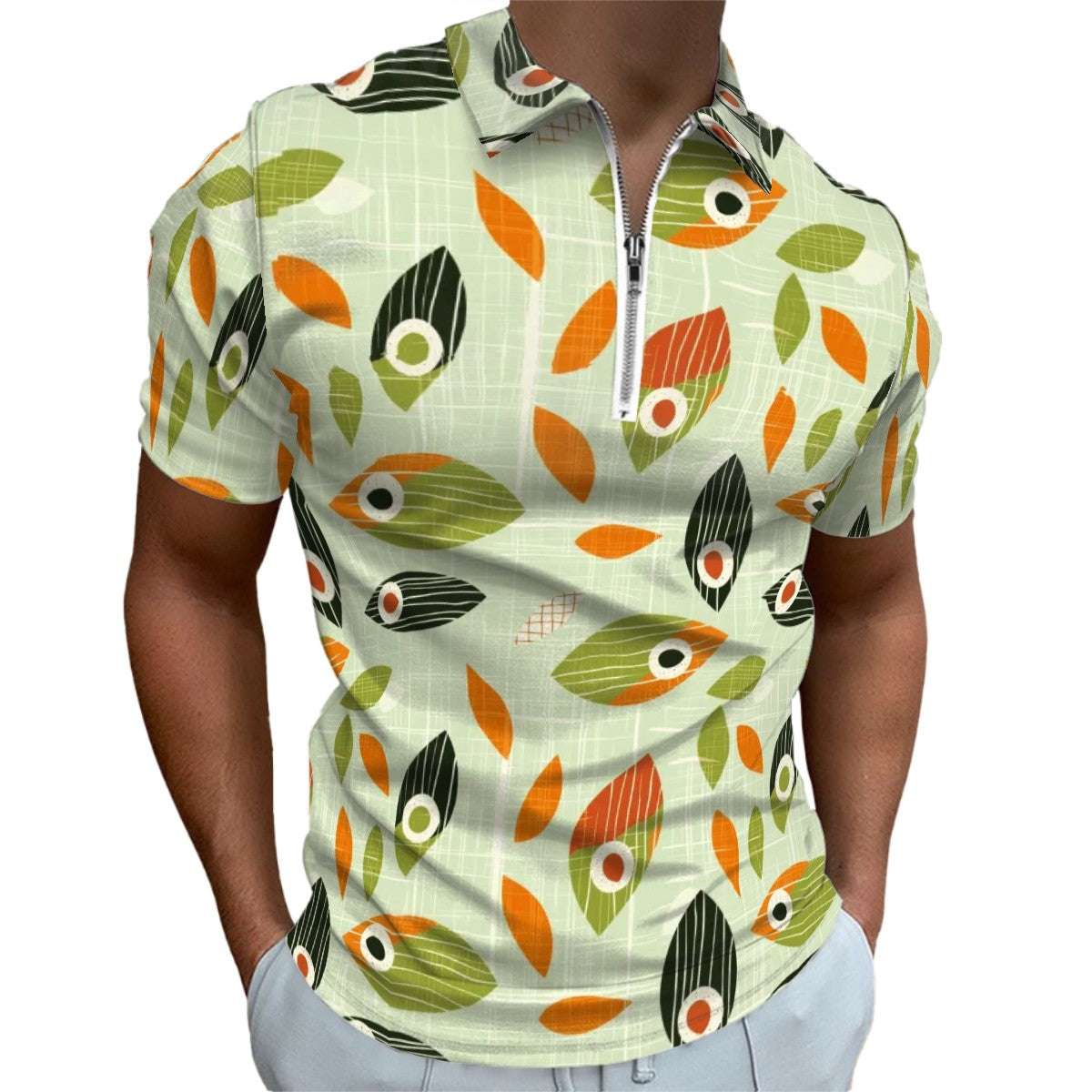 MCM Retro Polo Shirt- Mid Century Geo Design Slim Fit Zipper Polo for men