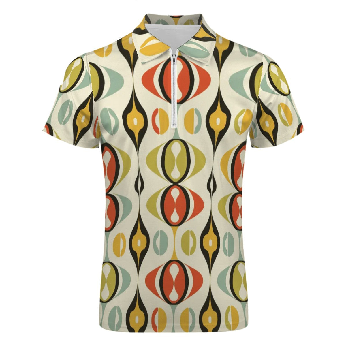 MCM Retro Polo Shirt- Mid Century Geo Design Slim Fit Zipper Polo for men