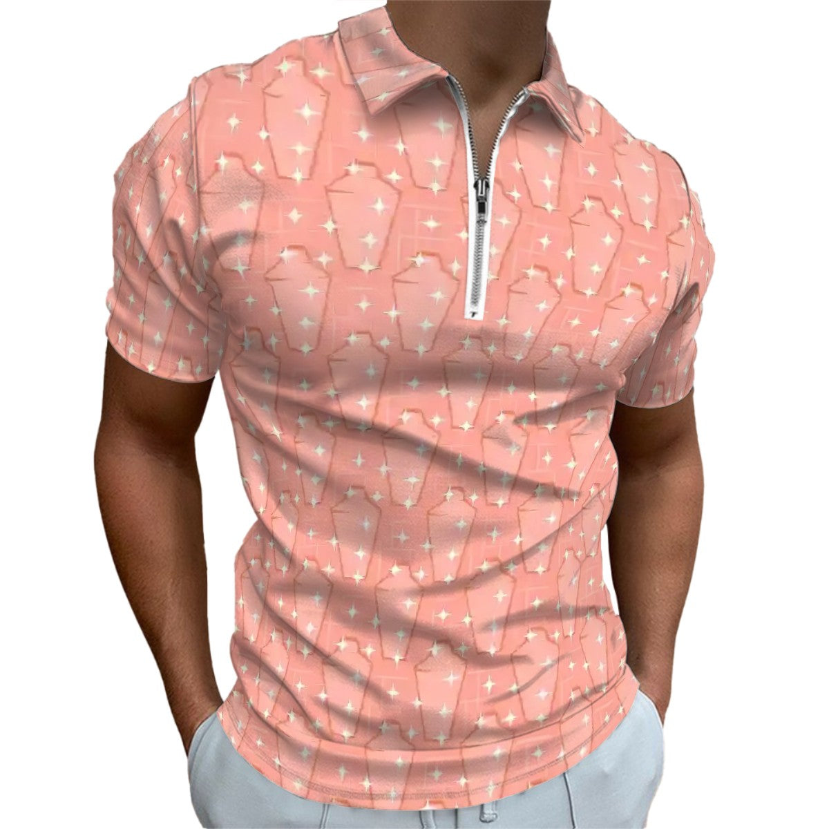 MCM Retro Polo Shirt- Atomic Martini Cocktail Design Slim Fit Zipper Polo for men