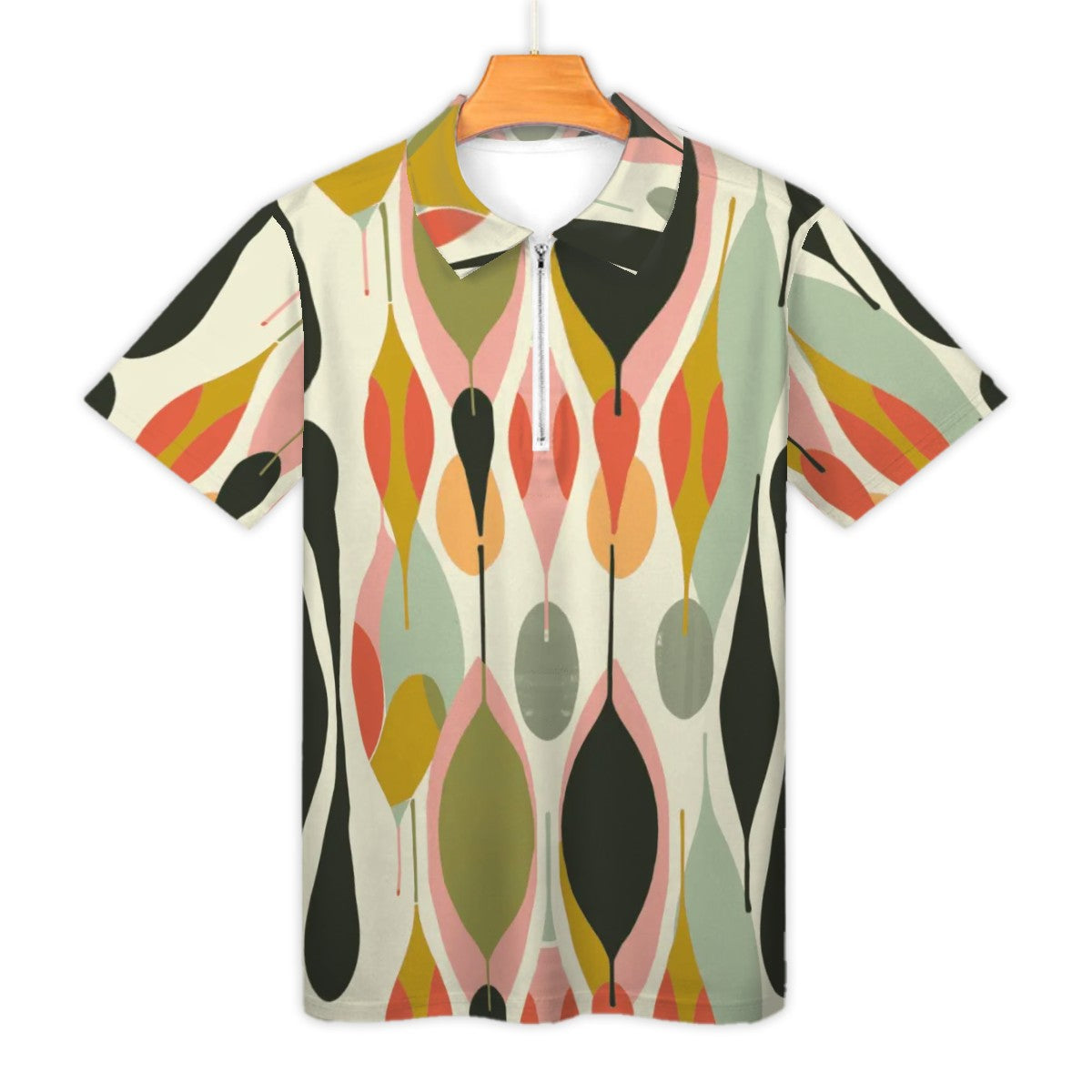 MCM Retro Polo Shirt- Mid Century Geo Design Slim Fit Zipper Polo for men