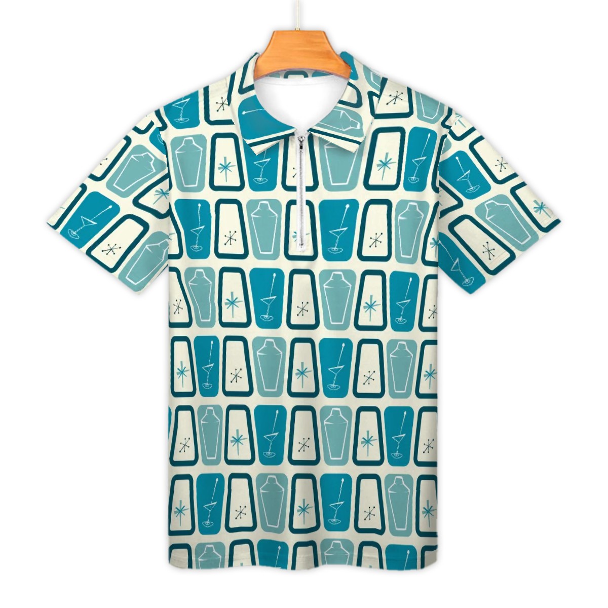 MCM Retro Polo Shirt- Atomic Martini Cocktail Design Slim Fit Zipper Polo for men