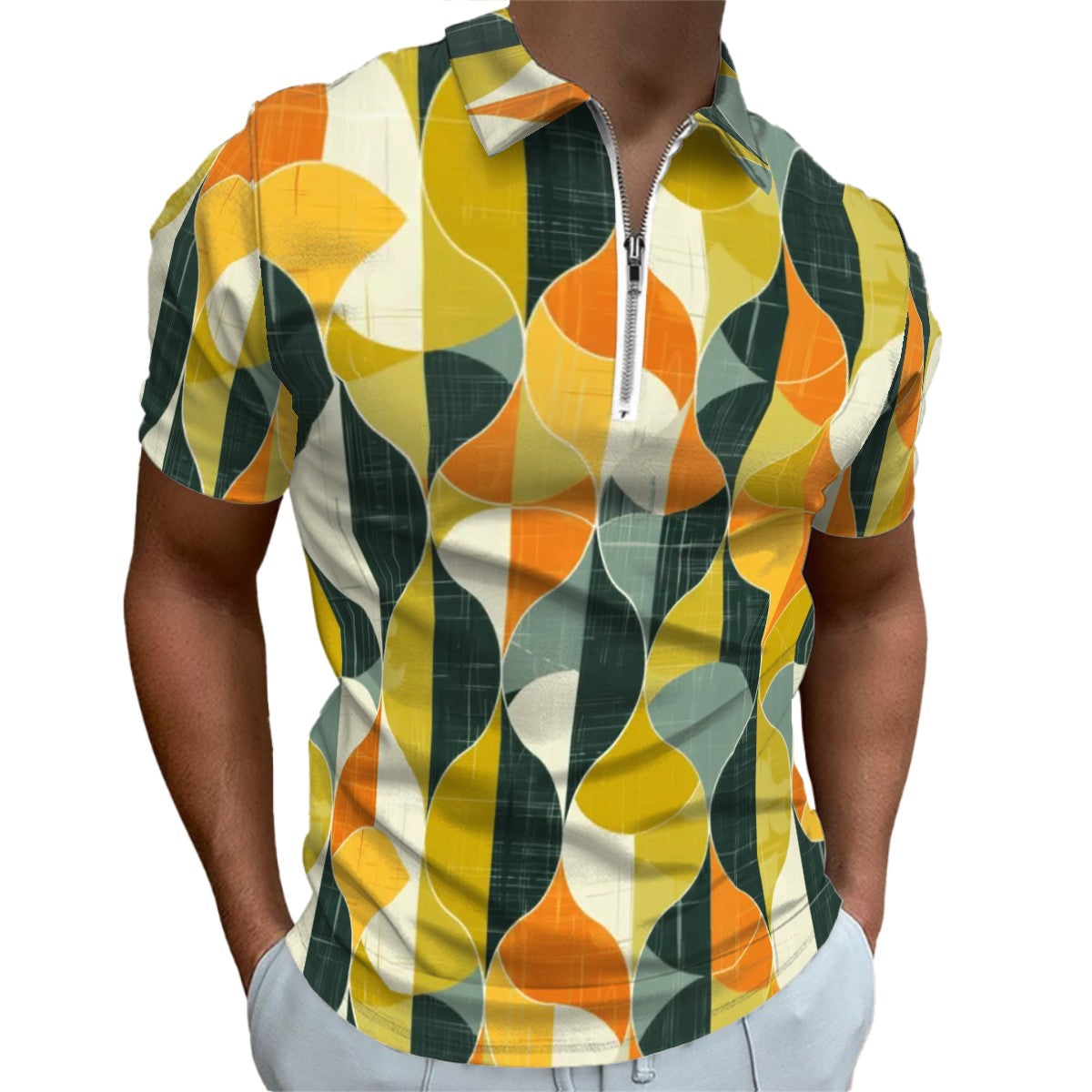 MCM Retro Polo Shirt- Mid Century Geo Design Slim Fit Zipper Polo for men
