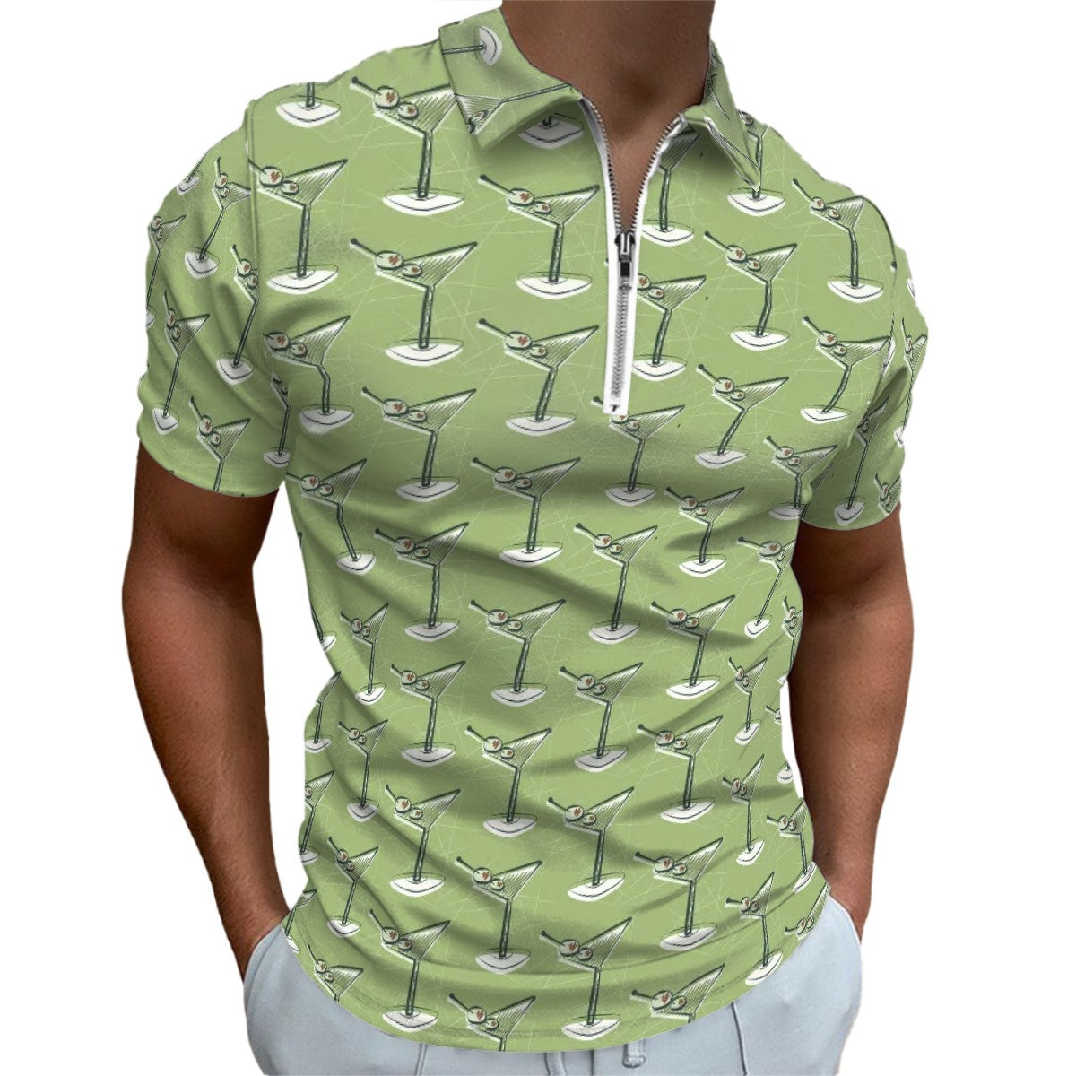 MCM Retro Polo Shirt- Atomic Martini Cocktail Design Slim Fit Zipper Polo for men