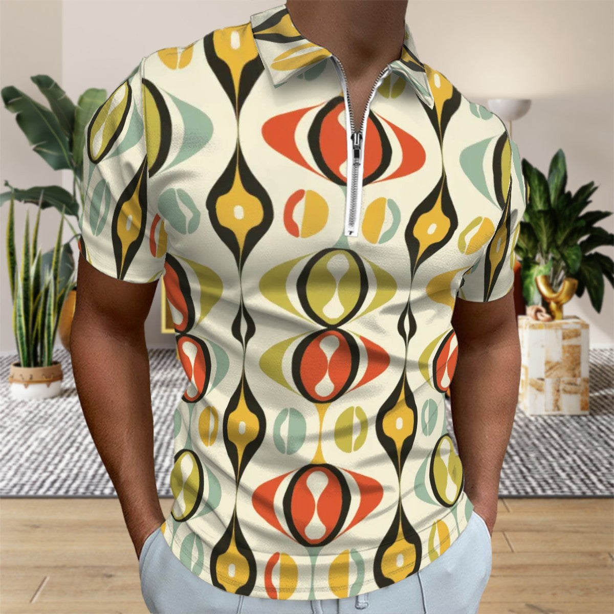 MCM Retro Polo Shirt- Mid Century Geo Design Slim Fit Zipper Polo for men