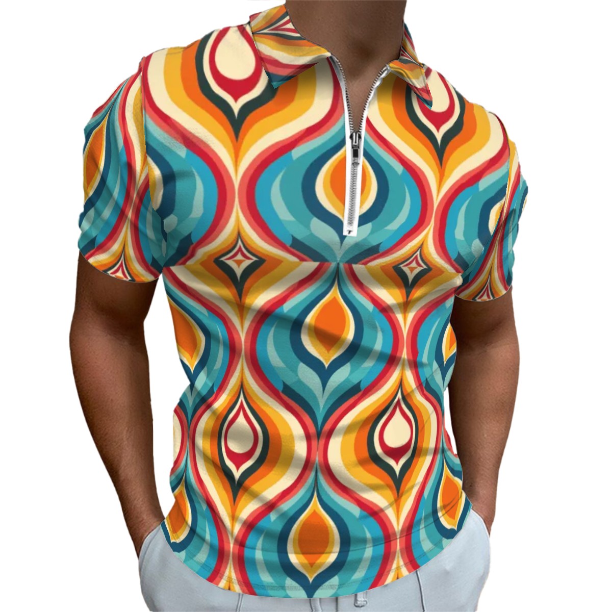 MCM Retro Polo Shirt- Mid Century Geo Design Slim Fit Zipper Polo for men
