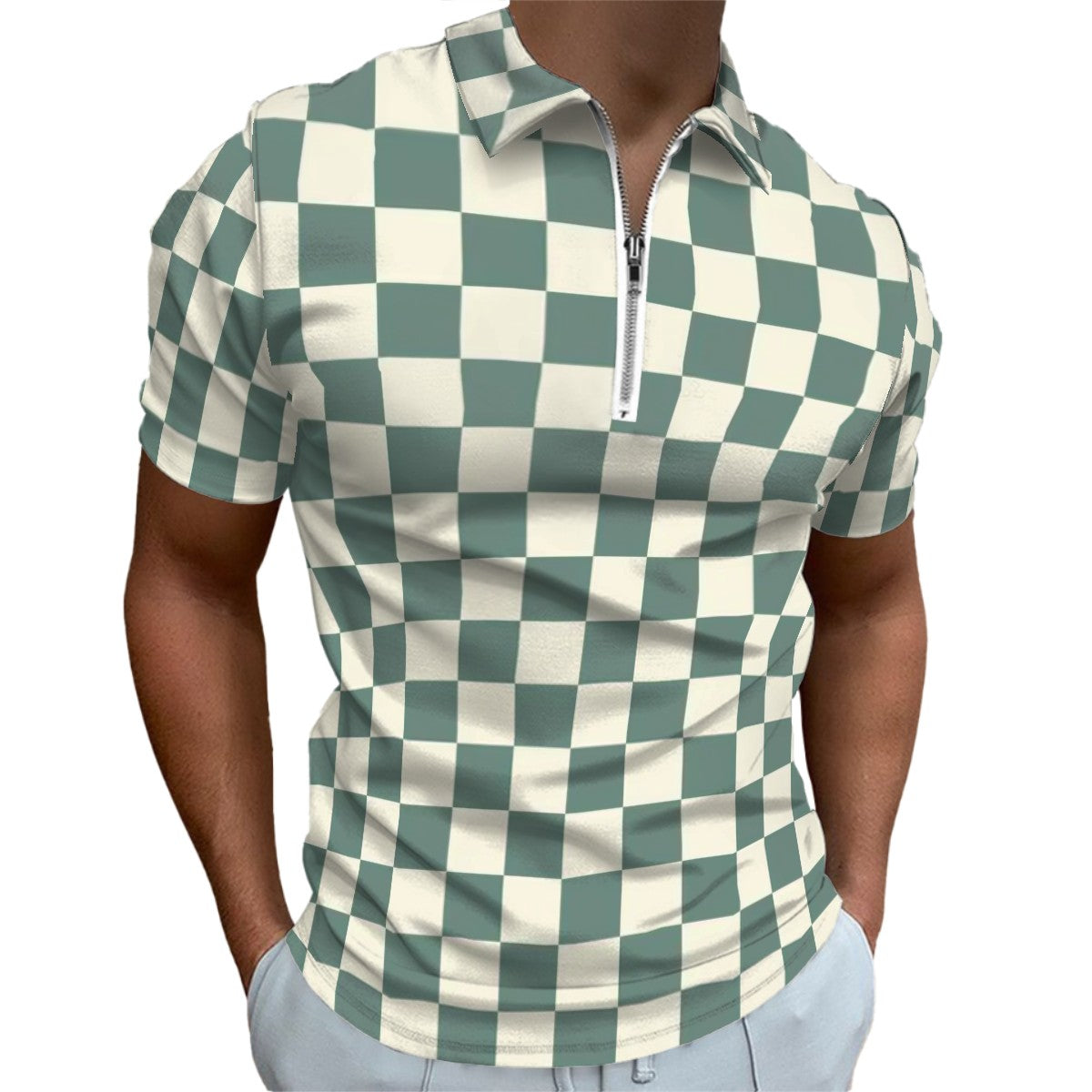 MCM Retro Polo Shirt- Mid Century Checker Design Slim Fit Zipper Polo for men