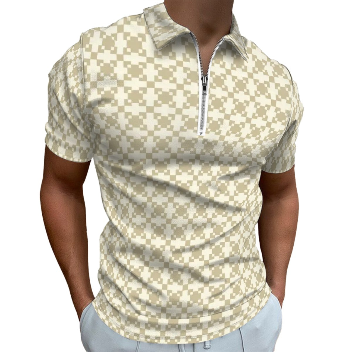 MCM Retro Polo Shirt- Mid Century Geo Design Slim Fit Zipper Polo for men