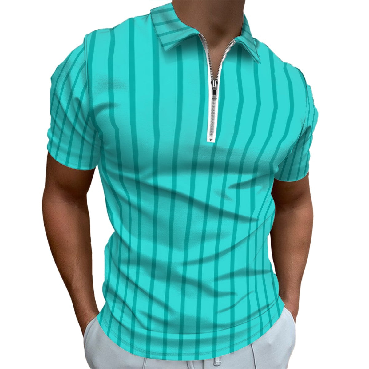 MCM Retro Polo Shirt- Mid Century Geo Design Slim Fit Zipper Polo for men