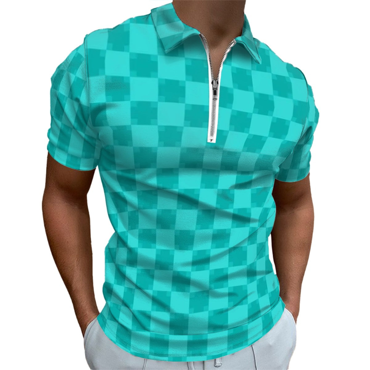 MCM Retro Polo Shirt- Mid Century Checker Design Slim Fit Zipper Polo for men