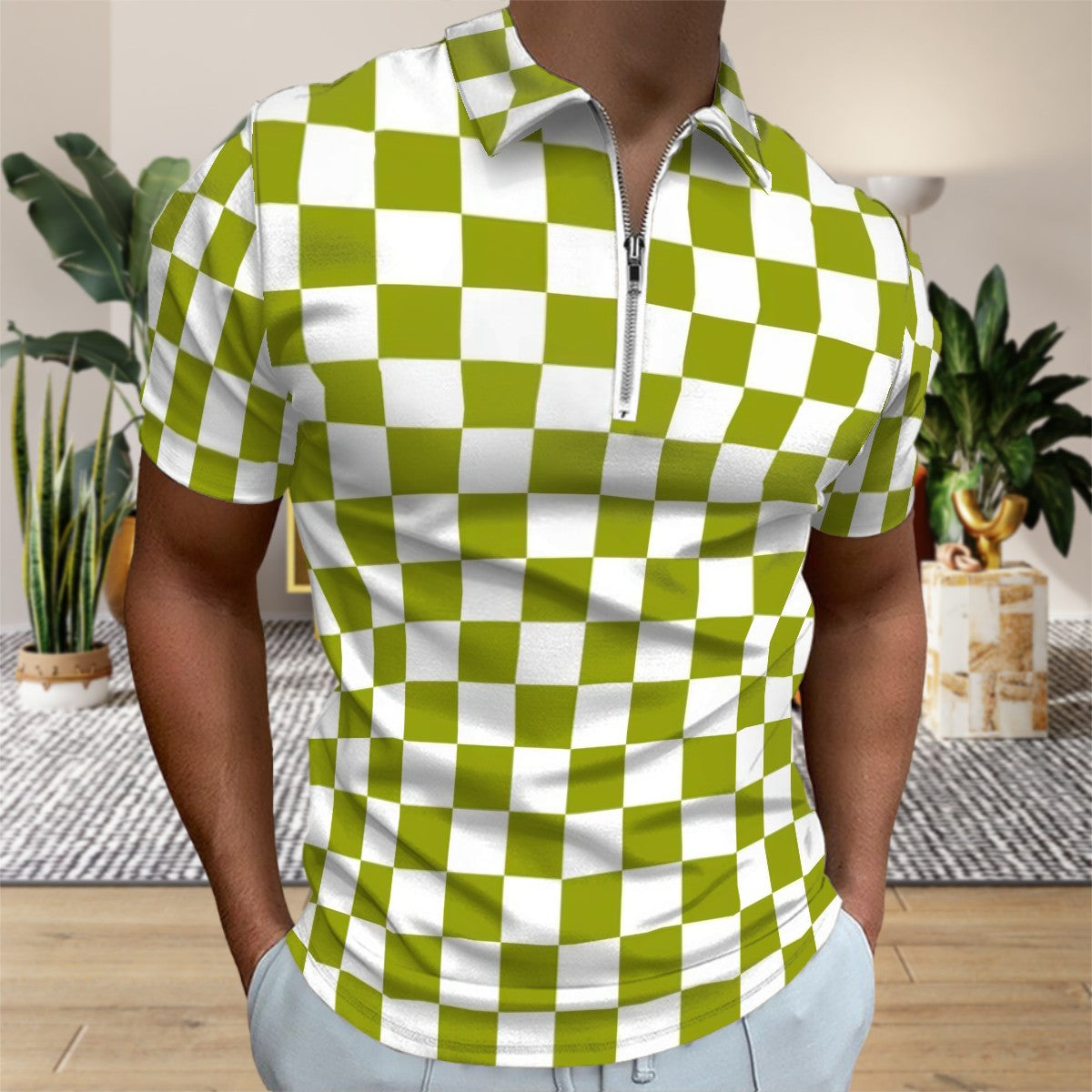 MCM Retro Polo Shirt- Mid Century Checker Design Slim Fit Zipper Polo for men