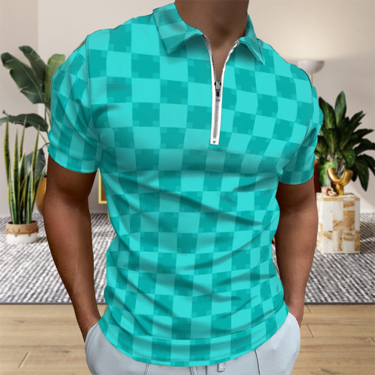 MCM Retro Polo Shirt- Mid Century Checker Design Slim Fit Zipper Polo for men