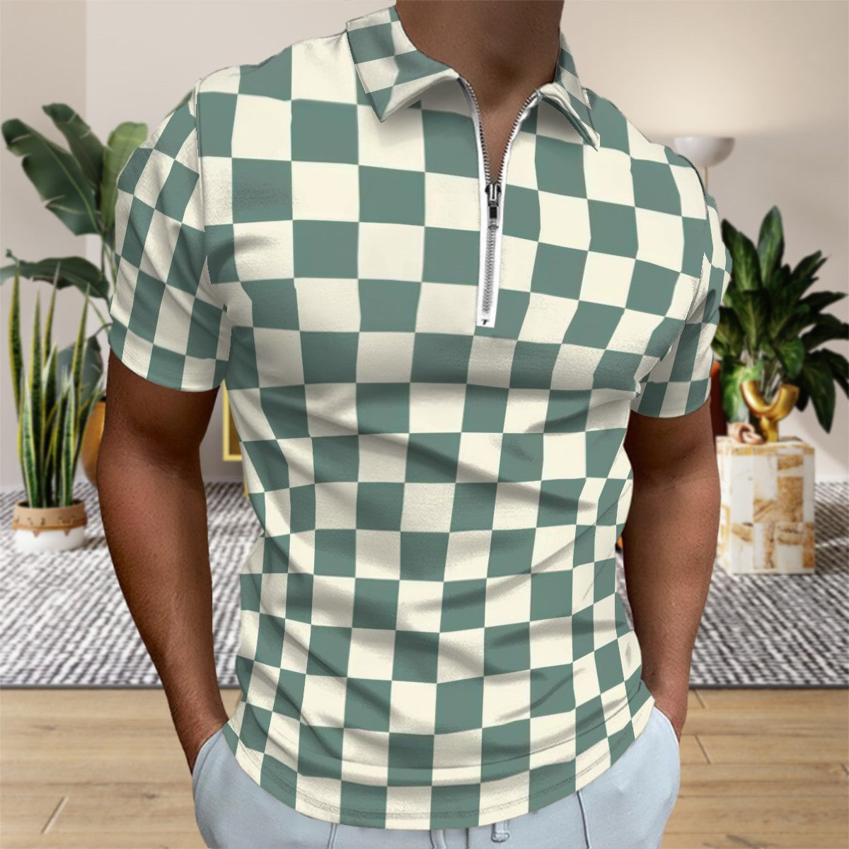 MCM Retro Polo Shirt- Mid Century Checker Design Slim Fit Zipper Polo for men