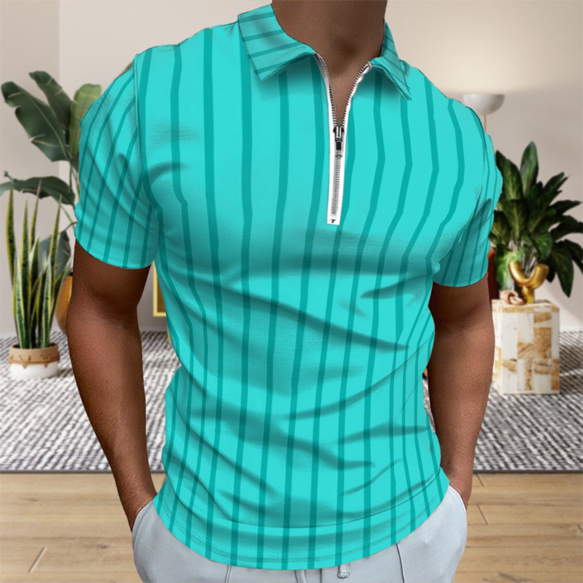 MCM Retro Polo Shirt- Mid Century Geo Design Slim Fit Zipper Polo for men