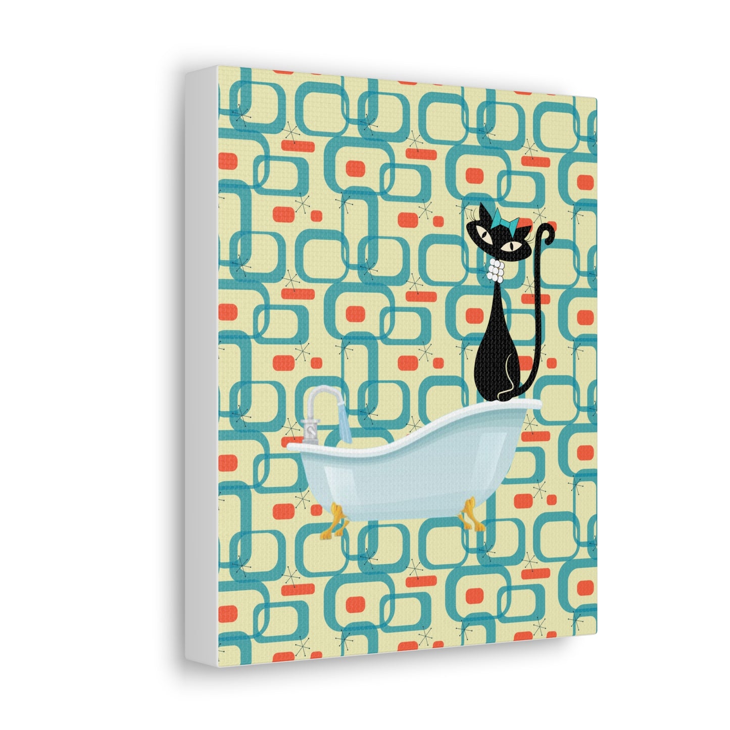 Atomic Cat In Pearls On the Tub Canvas Wall Art