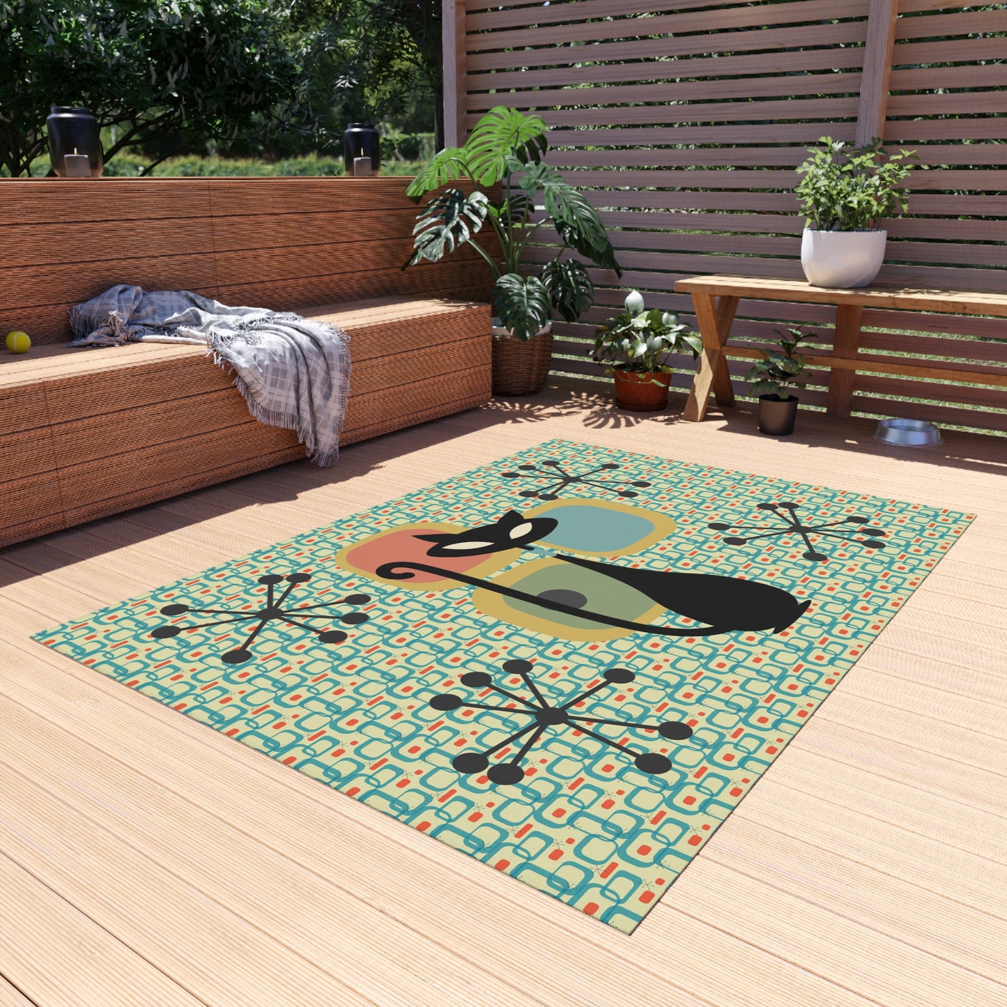 MCM Atomic Cat Outdoor Rug- Patio Rug, Mid Century Modern Decor