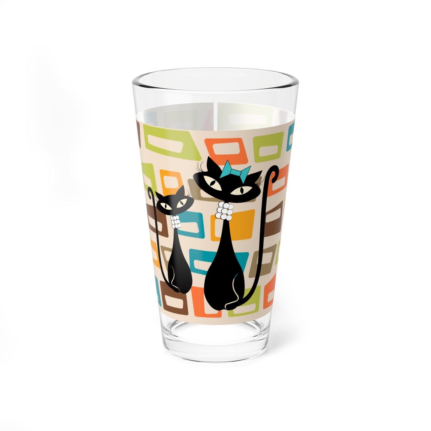 Atomic Cat in Pearls Pint Glass, 16oz, Retro Cat Cocktail Glass,MCM Beer Glass