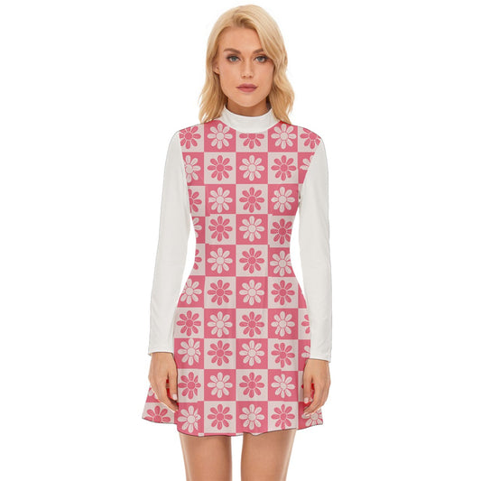 MCM Gingham Pink Flower High Neck Long Sleeve Dress