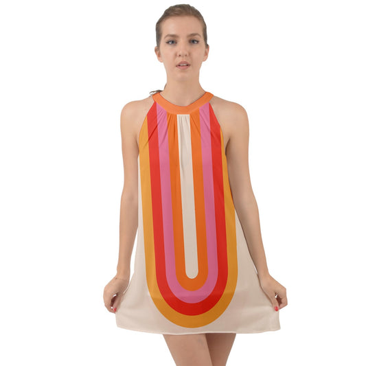 Rainbow Dress Circa 1960 Halter Tie Back Chiffon Dress