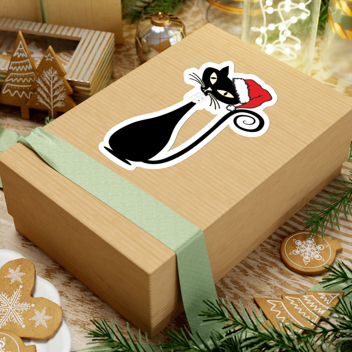 MCM Christmas Sticker, Holiday Atomic Cat Sticker, Black Cat Sticker, Mid Century Modern Cat Sticker, Clear or White edge, Vinyl Sticker