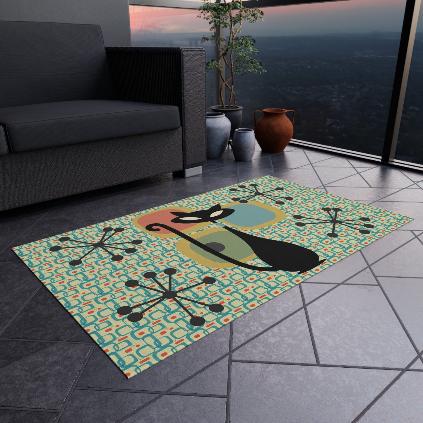 MCM Atomic Cat Outdoor Rug- Patio Rug, Mid Century Modern Decor