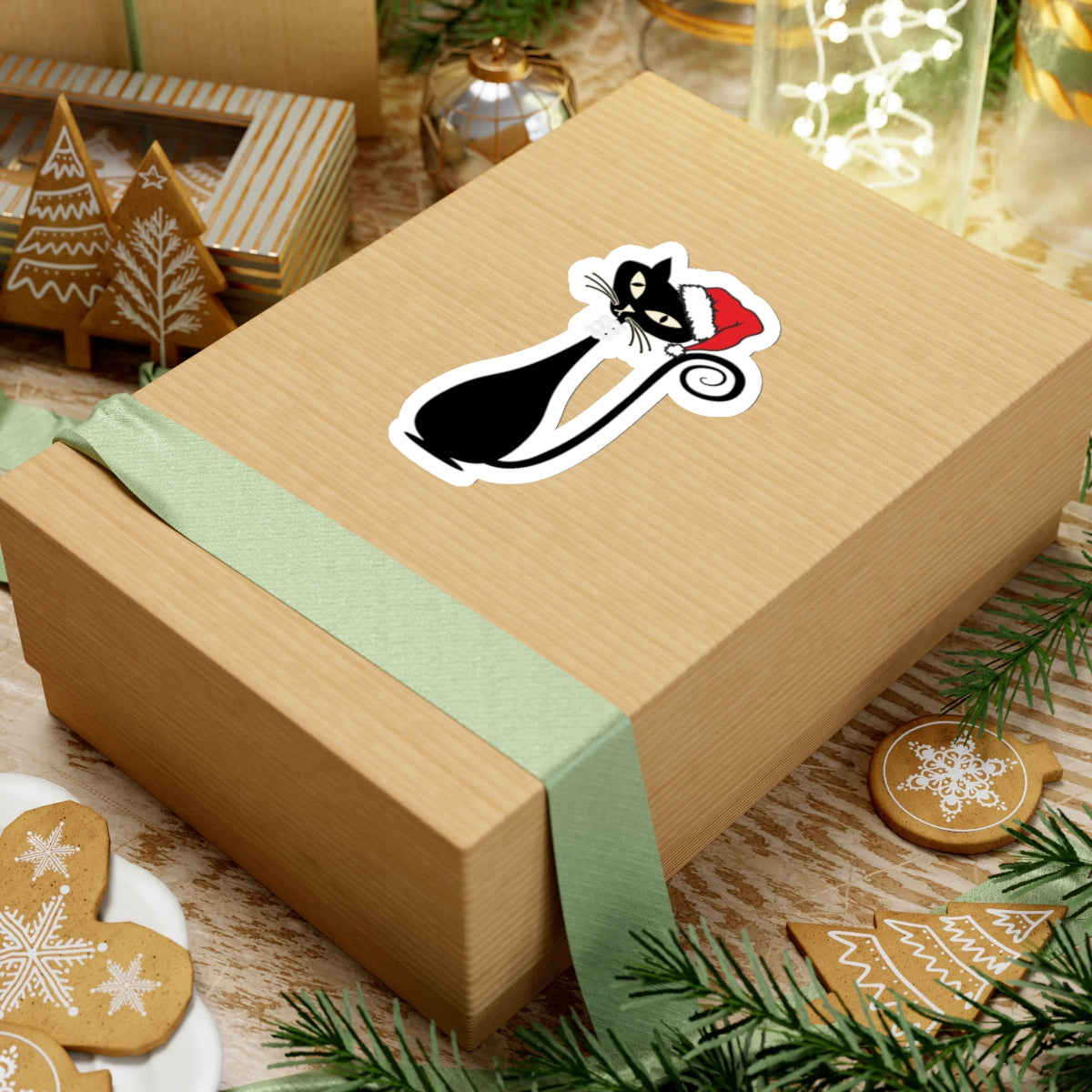 MCM Christmas Sticker, Holiday Atomic Cat Sticker, Black Cat Sticker, Mid Century Modern Cat Sticker, Clear or White edge, Vinyl Sticker