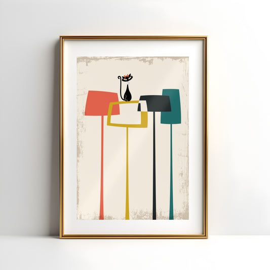 Mid Century Modern Atomic Cat in Pearls Poster