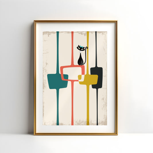 Mid Century Modern Atomic Cat in Pearls Poster
