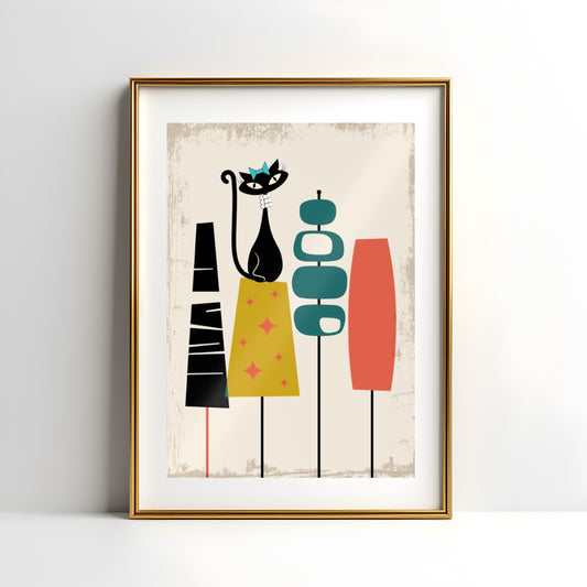 Mid Century Modern Atomic Cat In Pearls Poster