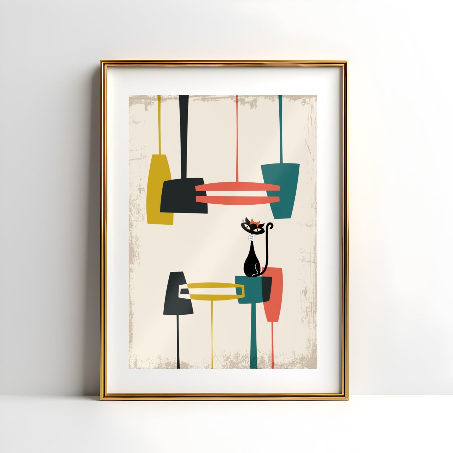 Mid Century Modern Atomic Cat in Pearls Poster