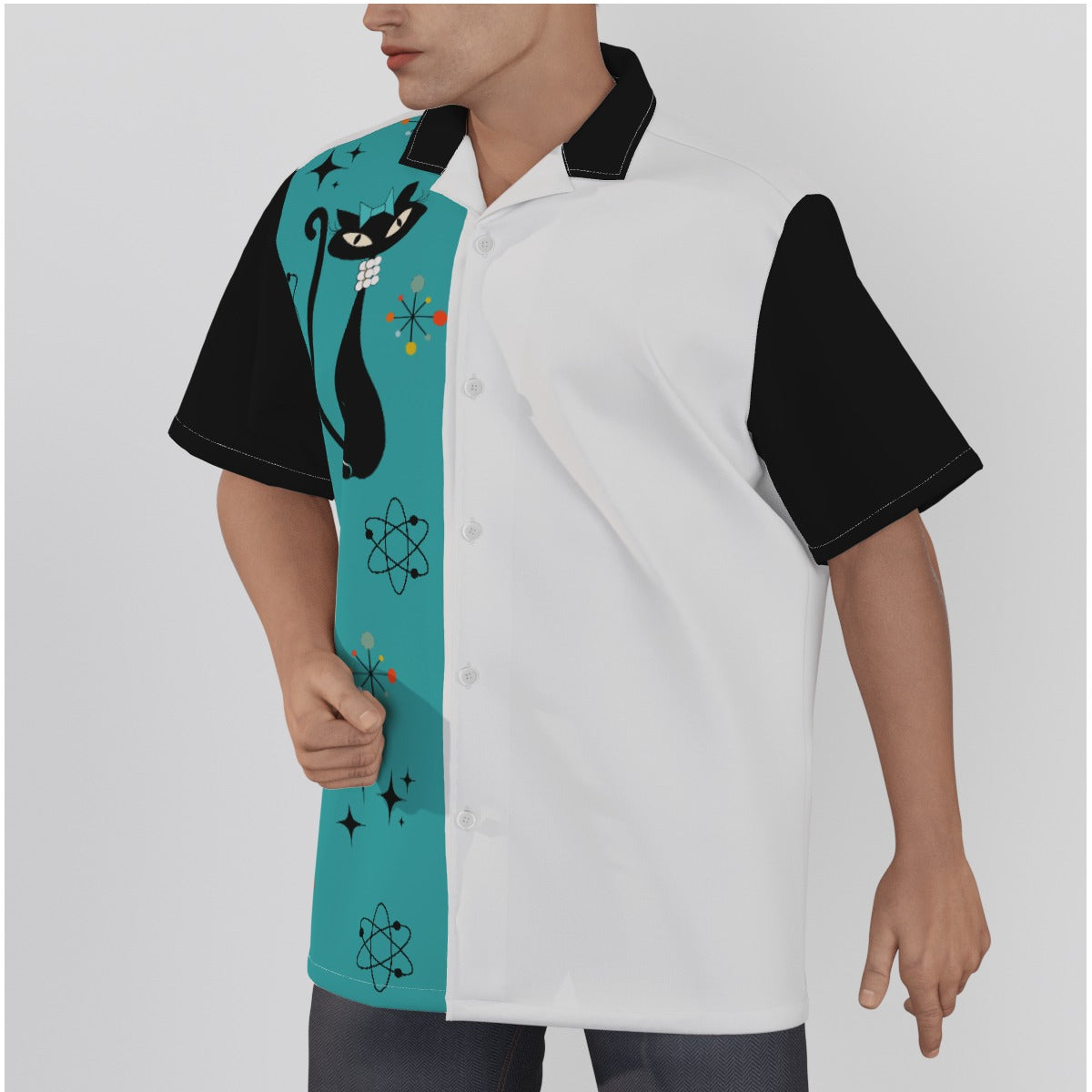 Atomic Cat in Pearls Bowling Shirt