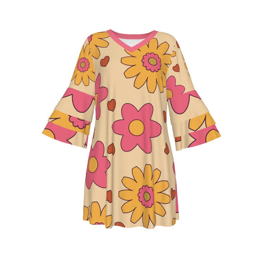 Mod Flower Swing Dress Women's Stacked Ruffle Sleeve Dress