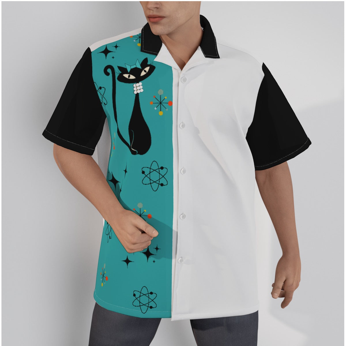 Atomic Cat in Pearls Bowling Shirt