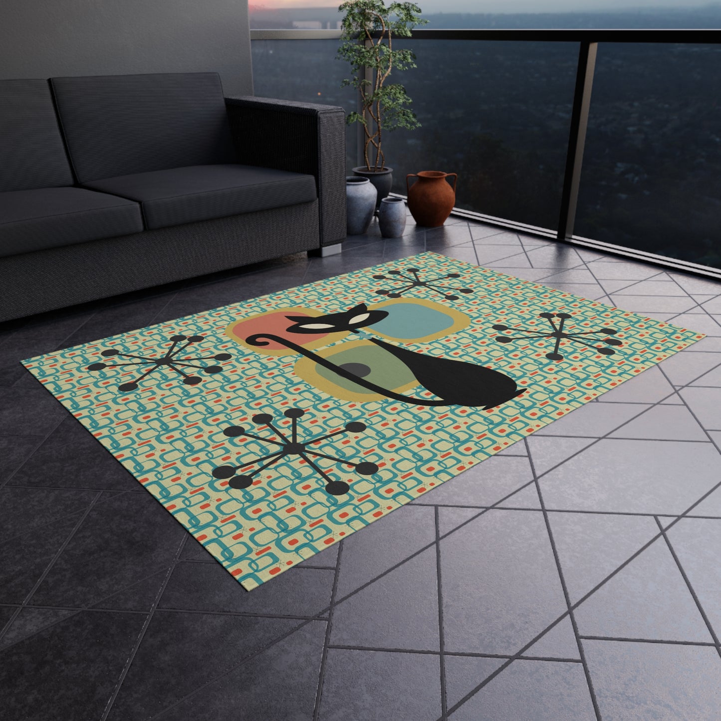 MCM Atomic Cat Outdoor Rug- Patio Rug, Mid Century Modern Decor