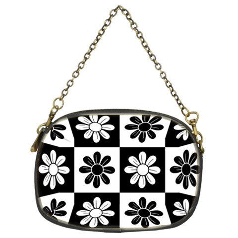 Gingham Floral Black White Chain Purse Two Side Print