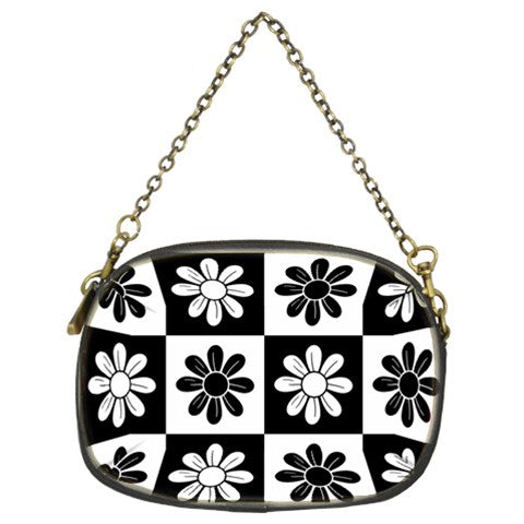 Gingham Floral Black White Chain Purse Two Side Print